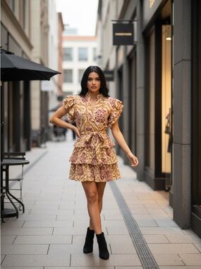 Elan Yellow & Pink Ruffled Tiered Mini Dress